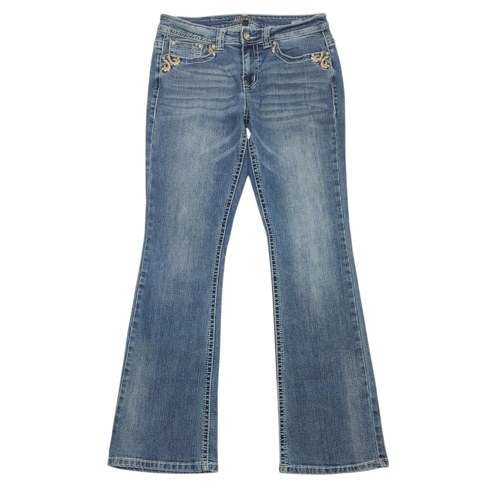 Shyanne Women’s Gold Scroll Embroidered Medium Wash Bootcut Jeans Size 29 Short